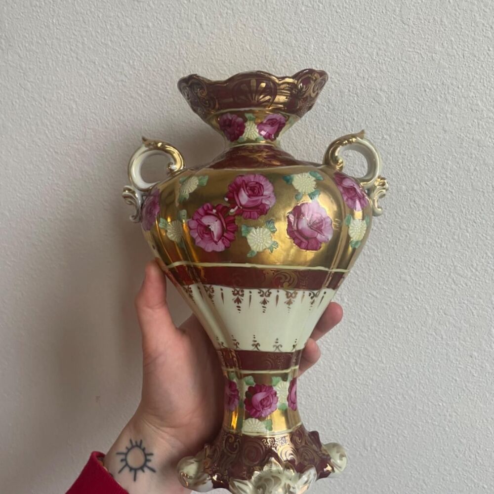 Vintage Rose and Gold Ceramic Vase | Whimsical Romantic Hidden Gem